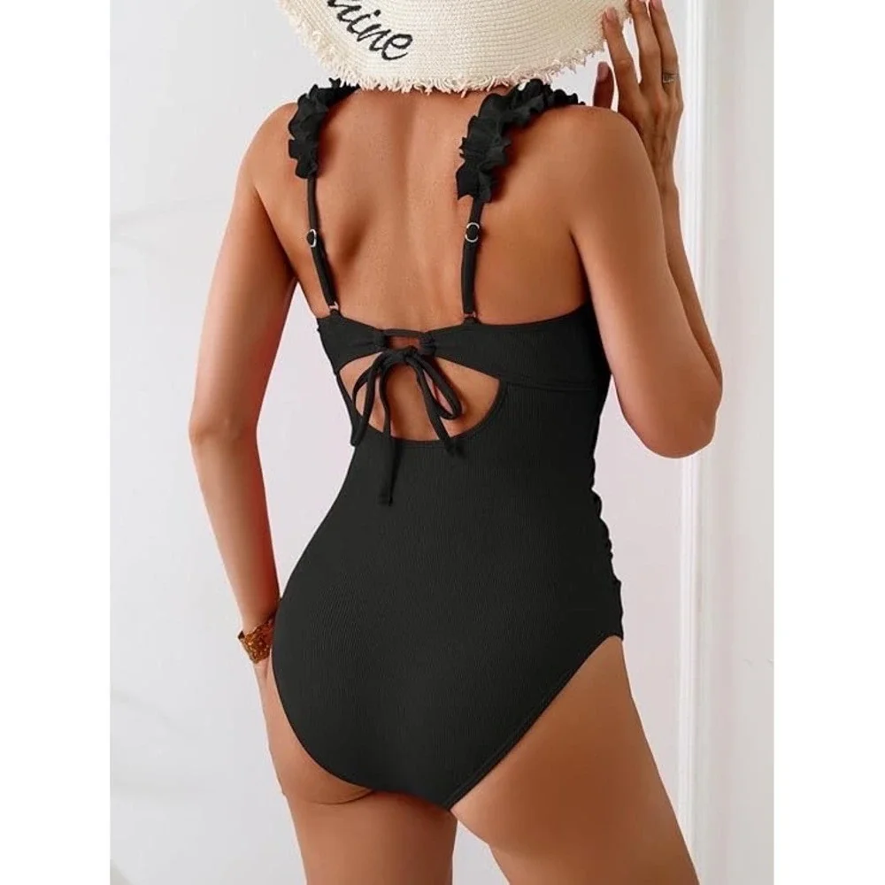 Eomenie Black Ribbed One Piece Swimsuit Ruffle Strap Medium‎ NEW